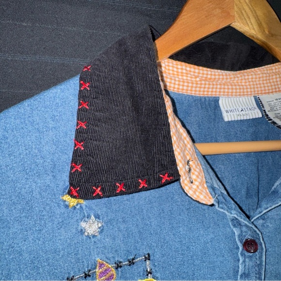 Vintage White Stag Shirt Womens 16W Blue Denim Halloween Embroidered Button Plus - Picture 6 of 11